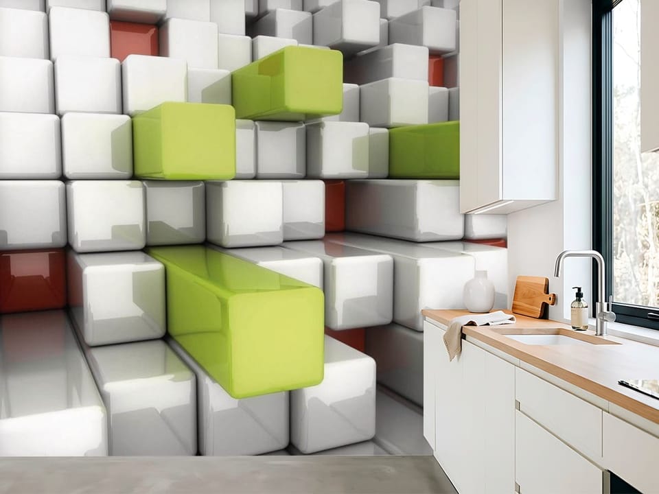 Fototapeta z geometrycznymi blokami 3D w białych, szarych, zielonych i czerwonych odcieniach - aranżacja nasłonecznionej kuchni