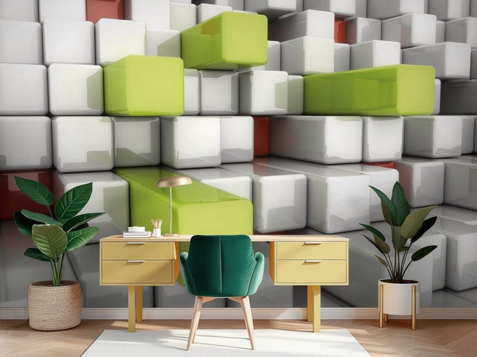 Fototapeta z geometrycznymi blokami 3D w białych, szarych, zielonych i czerwonych odcieniach - piękna ściana za biurkiem w pokoju nastolatka