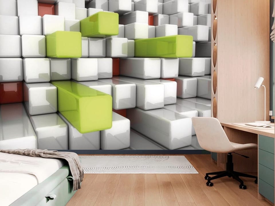 Fototapeta z geometrycznymi blokami 3D w białych, szarych, zielonych i czerwonych odcieniach - ściana w pokoju nastolatka z dużą przestrzenią
