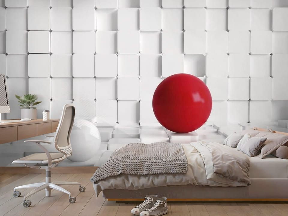 Fototapeta z czerwonymi i białymi kulami na tle geometrycznych bloków - aranżacja dużego pokoju nastolatka