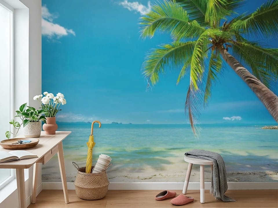 Fototapeta z palmą na tropikalnej plaży, błękitne niebo, piaszczysta plaża - widok na ścianę w przedpokoju
