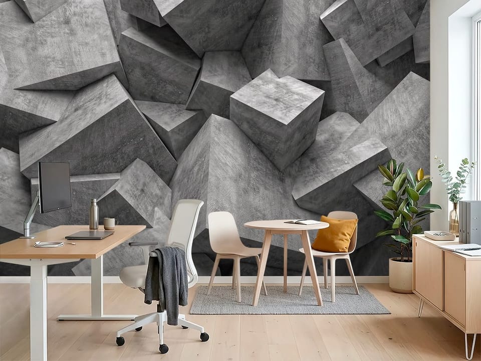Fototapeta z geometrycznymi betonowymi blokami w przestrzennej kompozycji - widok na ścianę w nowoczesnym biurze