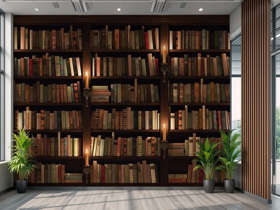 Fototapeta z drewnianą biblioteczką i kolorowymi książkami - widok na ścianę w biurze