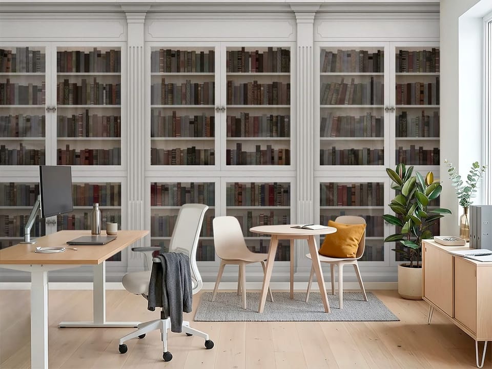 Fototapeta z białą biblioteką z trzema segmentami i kolorowymi książkami - widok na ścianę w nowoczesnym biurze