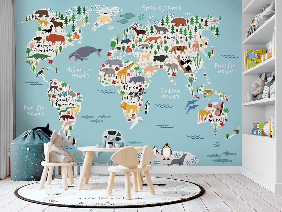 Fototapeta Mapa Świata dla Dzieci z Fauną - aranżacja w pokoju dziecka