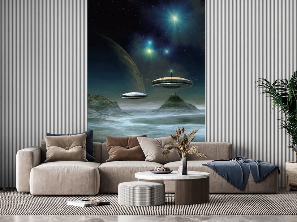 Fototapeta z astronautami i statkami kosmicznymi na tle gwiaździstego nieba - inspiracja do pięknego salonu