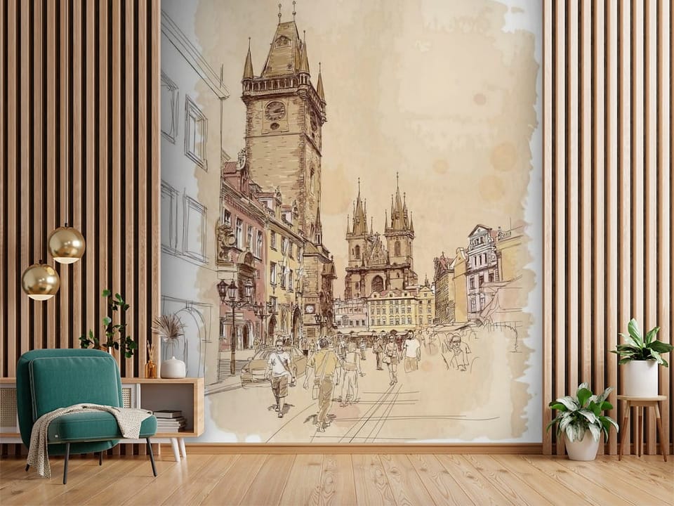 Fototapeta z zabytkową wieżą z zegarem i historycznymi budynkami - aranżacja w przedpokoju w połączeniu z lamelami ściennymi