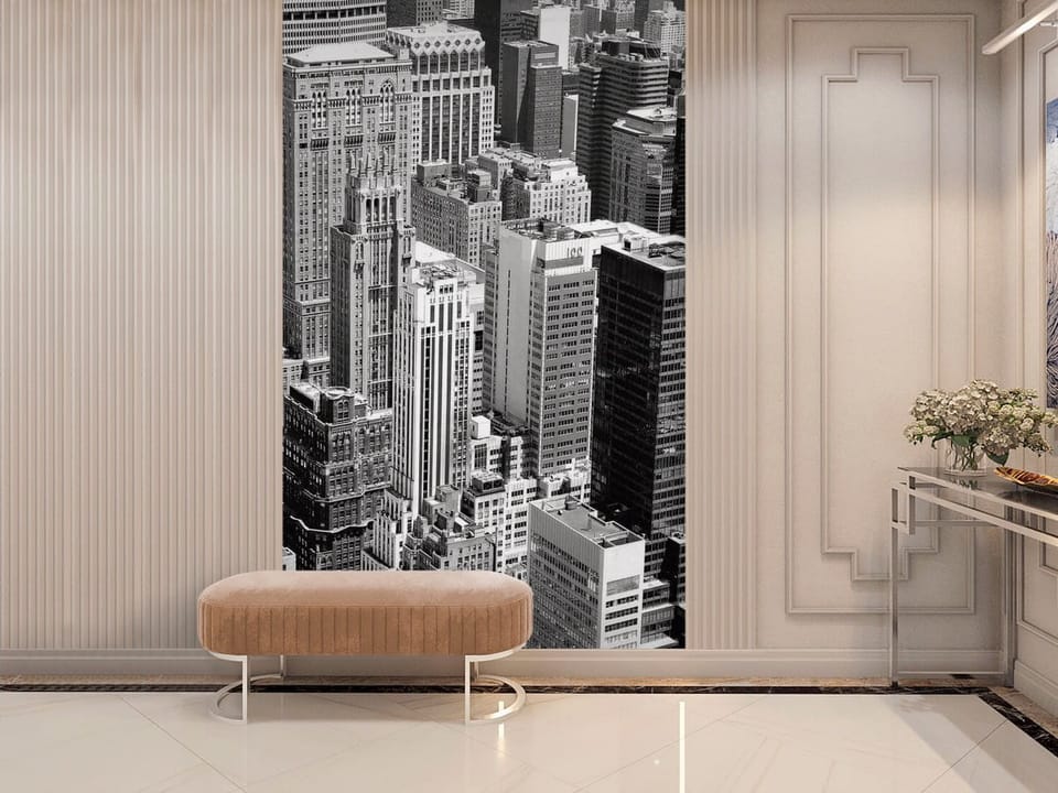 Fototapeta z wysokimi budynkami w centrum miasta, różnorodne style architektoniczne - wnętrze z nowoczesnymi meblami w przedpokoju