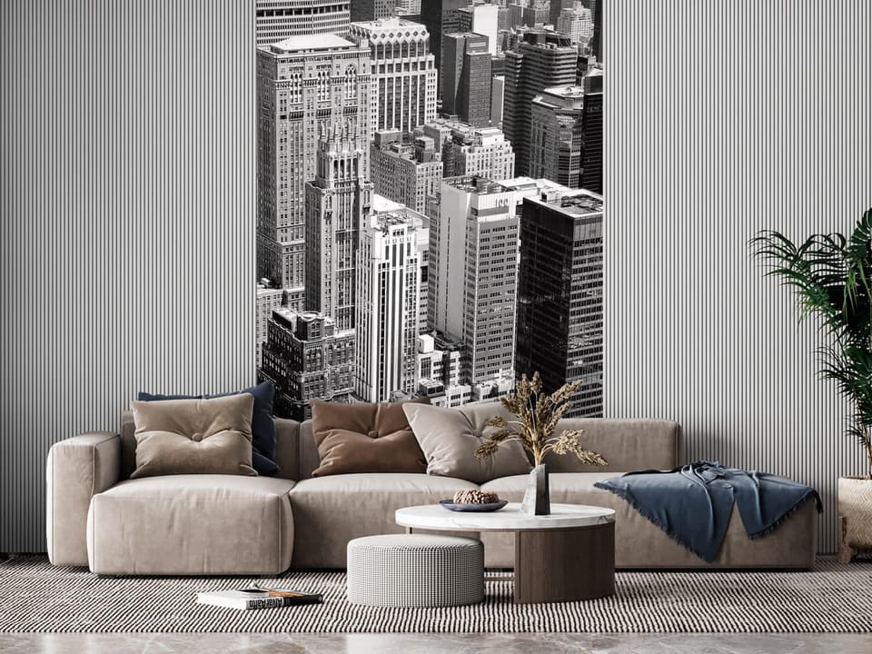 Fototapeta z wysokimi budynkami w centrum miasta, różnorodne style architektoniczne - inspiracja do pięknego salonu