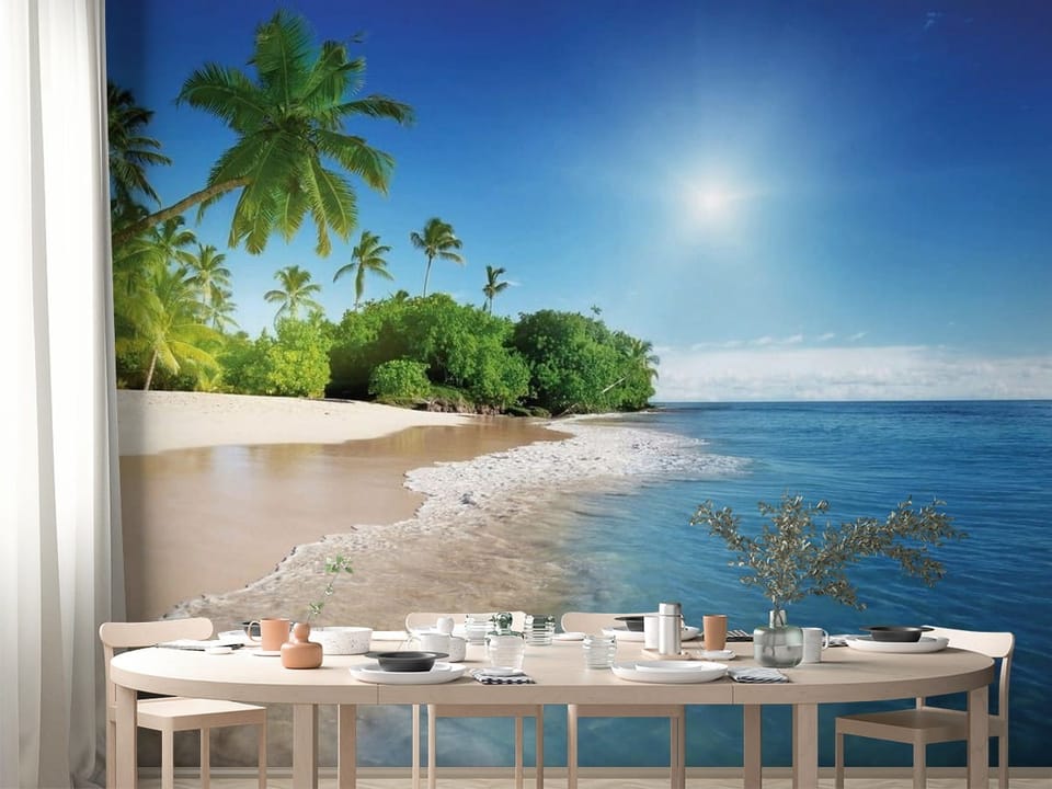 Fototapeta z plażą, palmami i oceanem w tle, błękitne niebo - aranżacja ściany w kuchni