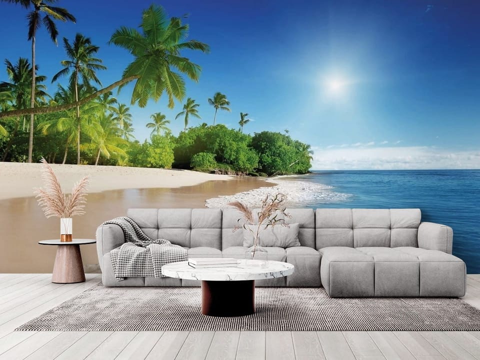 Fototapeta z plażą, palmami i oceanem w tle, błękitne niebo - elegancki salon w stylu minimalistycznym