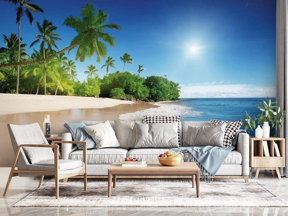 Fototapeta z plażą, palmami i oceanem w tle, błękitne niebo - kompozycja ściany w przytulnym salonie