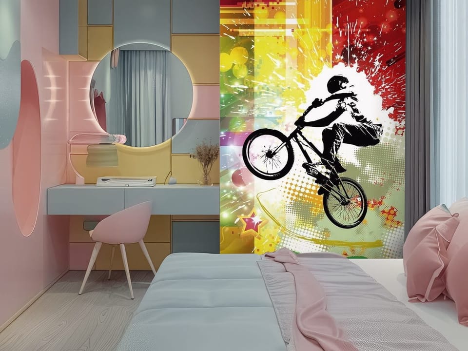 Fototapeta z rowerzystą skaczącym na rowerze na kolorowym tle z abstrakcyjnymi wzorami - ściana w kolorowym pokoju nastolatka