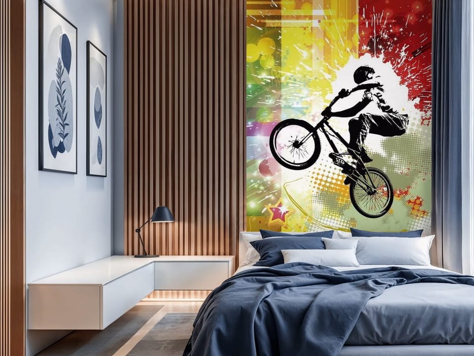 Fototapeta z rowerzystą skaczącym na rowerze na kolorowym tle z abstrakcyjnymi wzorami - nowoczesna inspiracja do sypialni