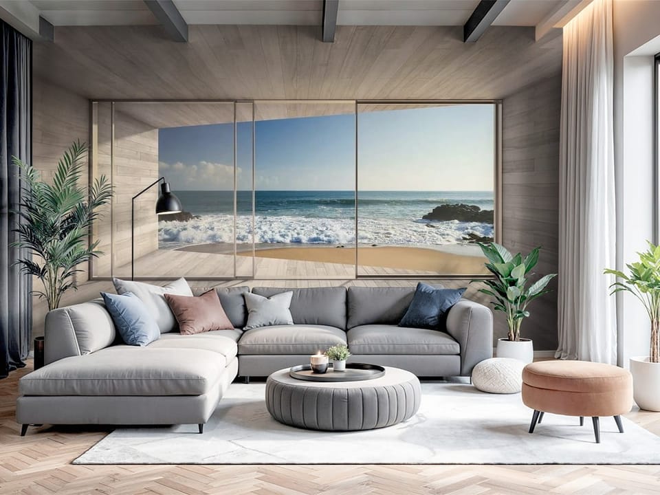 Fototapeta z widokiem na ocean przez szklane drzwi i plażę - nowoczesny salon z dużą przestrzenią