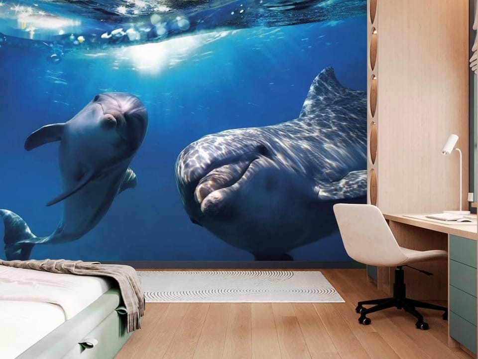 Fototapeta przedstawiająca dwa delfiny pływające pod wodą z promieniami słońca - ściana w pokoju nastolatka z dużą przestrzenią