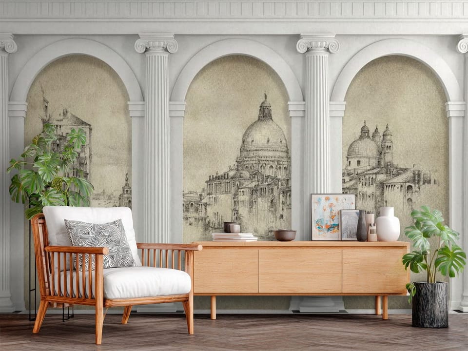 Fototapeta z trzema łukami architektonicznymi, kolumnami i kanałem wodnym - przytulna strefa w przedpokoju
