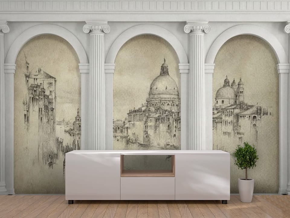 Fototapeta z trzema łukami architektonicznymi, kolumnami i kanałem wodnym - pomysłowe wykończenie ściany w korytarzu