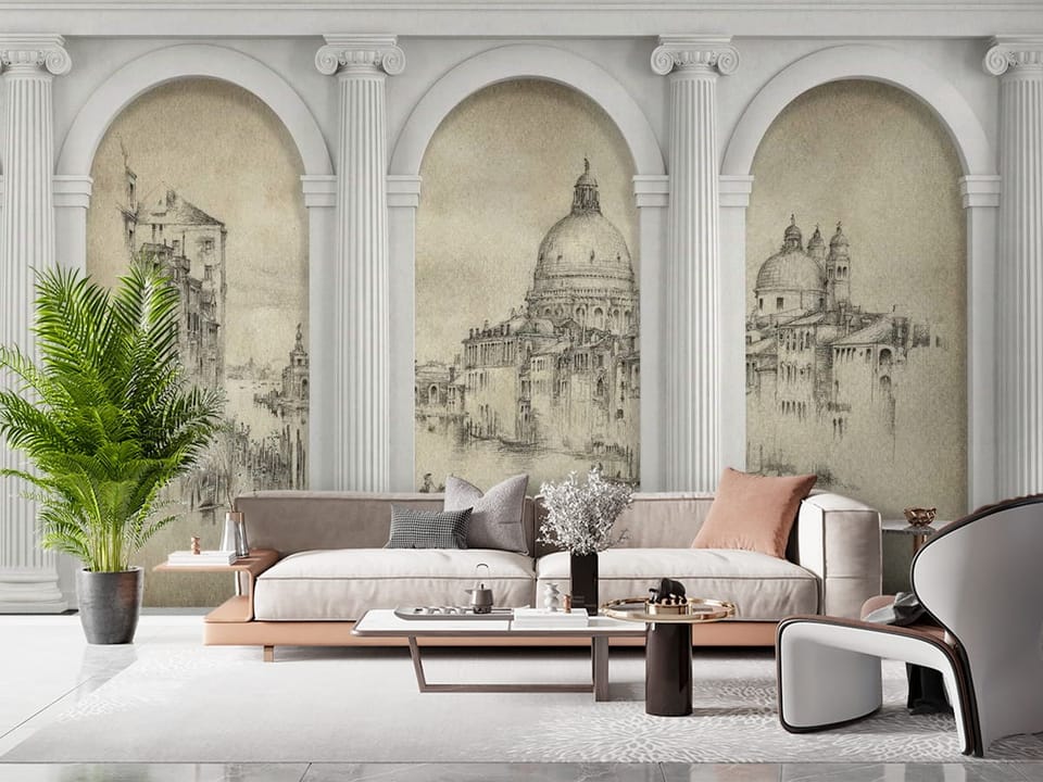 Fototapeta z trzema łukami architektonicznymi, kolumnami i kanałem wodnym - przytulny i nasłoneczniony salon