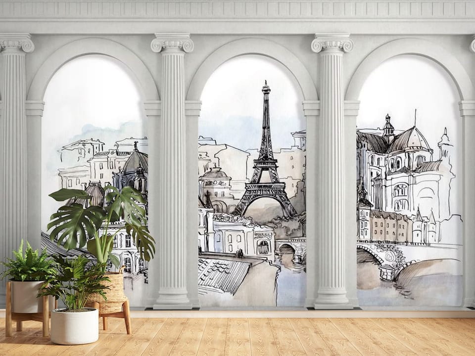 Fototapeta z trzema kolumnami i wieżą Eiffla w tle - ściana w jasnym przedpokoju