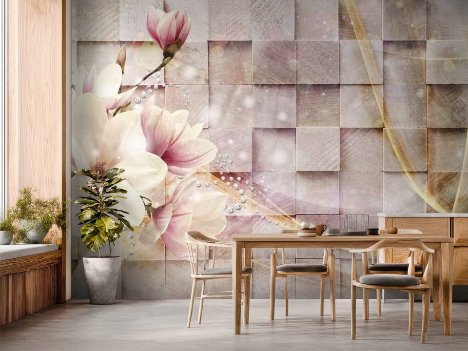 Fototapeta z kwiatami magnolii na gałęzi i geometrycznym tłem - inspiracja do strefy jadalnianej w kuchni