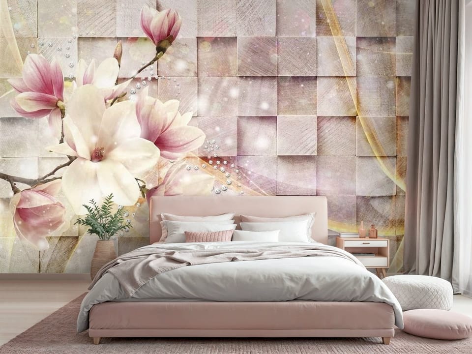 Fototapeta z kwiatami magnolii na gałęzi i geometrycznym tłem - sypialnia w różowych barwach