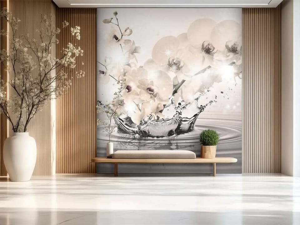 Fototapeta przedstawiająca kwiaty orchidei unoszące się nad wodą z delikatnymi rozpryskami - ściana w nowoczesnym dużym przedpokóju