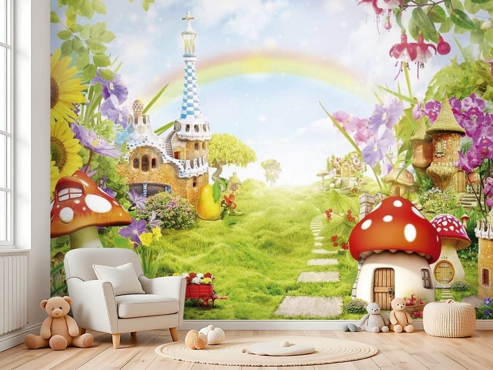 Fototapeta z fantazyjnymi domkami grzybowymi, kolorowe kwiaty i tęcza - kreatywna przestrzeń do zabawy w pokoju dziecka