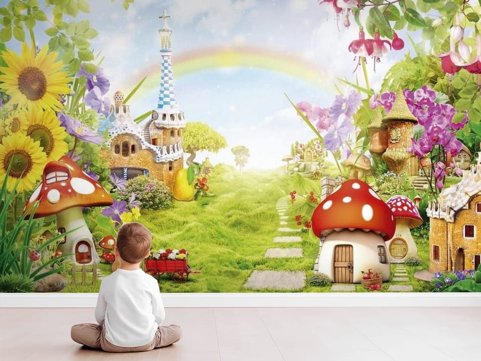 Fototapeta z fantazyjnymi domkami grzybowymi, kolorowe kwiaty i tęcza - nowoczesny pokój dziecięcy z modnym akcentem