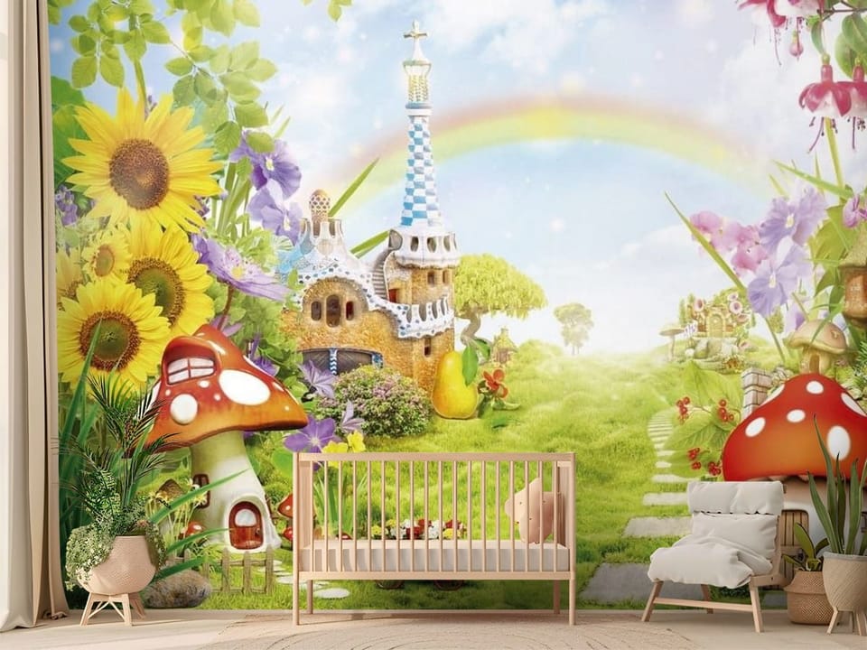 Fototapeta z fantazyjnymi domkami grzybowymi, kolorowe kwiaty i tęcza - nasłoneczniony pokój dziecięcy