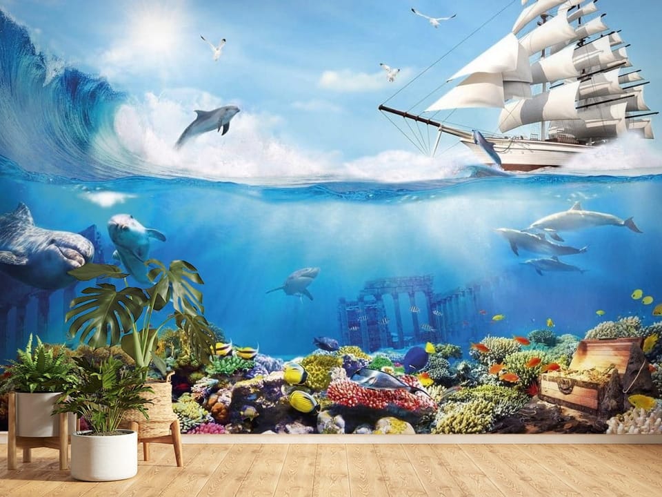 Fototapeta z żaglowcem na oceanie, wysoką falą i delfinami - ściana w jasnym przedpokoju