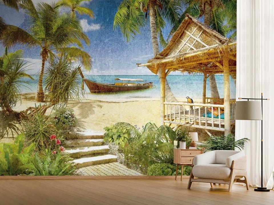 Fototapeta z drewnianą altaną na plaży, palmy i łódź na wodzie - jasny przedpokój w stylu minimalistycznym