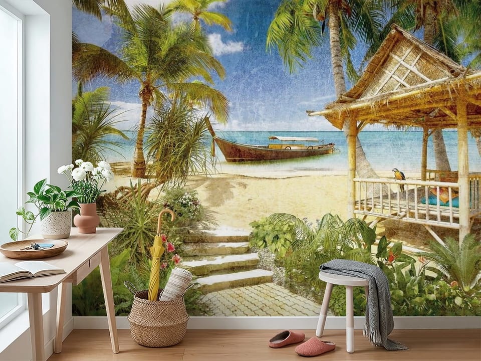 Fototapeta z drewnianą altaną na plaży, palmy i łódź na wodzie - widok na ścianę w przedpokoju
