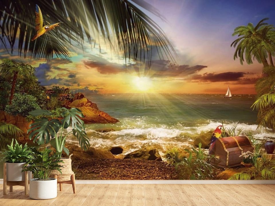 Fototapeta z tropikalną plażą, palmami i zachodem słońca nad oceanem - ściana w jasnym przedpokoju