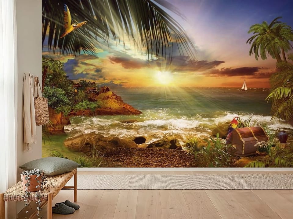 Fototapeta z tropikalną plażą, palmami i zachodem słońca nad oceanem - widok na ścianę w przytulnym przedpokoju