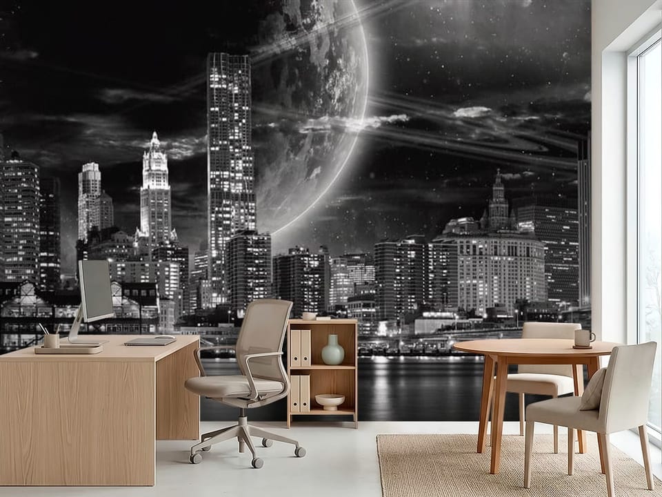 Fototapeta przedstawiająca miasto nocą z mostem, wieżowcami i planetą na niebie - inspiracja do biura w jasnych kolorach