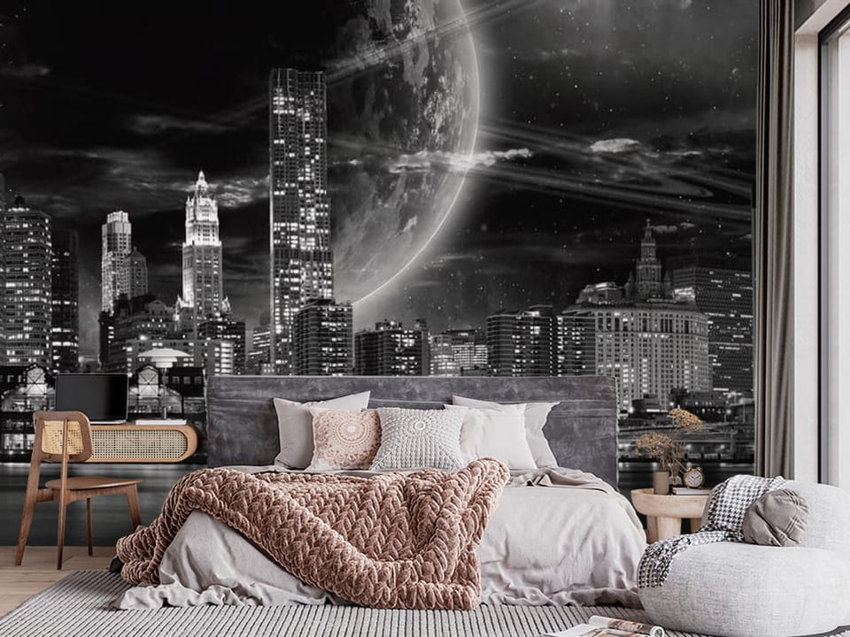 Fototapeta przedstawiająca miasto nocą z mostem, wieżowcami i planetą na niebie - sypialnia w stylu klasycznym z dużym oknem