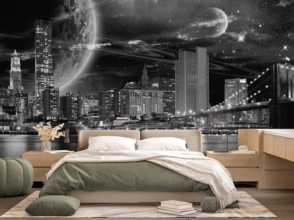 Fototapeta przedstawiająca miasto nocą z mostem, wieżowcami i planetą na niebie - jasna sypialnia z dużym łóżkiem małżeńskim