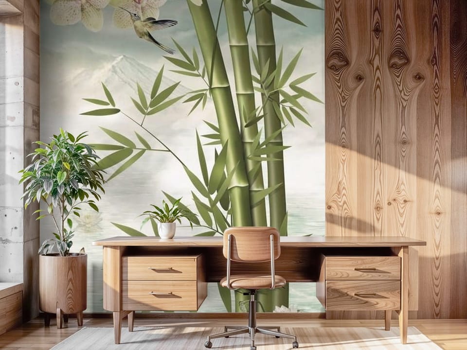 Fototapeta z bambusowymi łodygami, orchideami i wodą z odbiciem - aranżacja w nasłonecznionym biurze