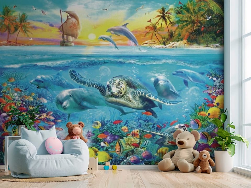 Fototapeta z żółwiem morskim i delfinami w oceanie, kolorowe ryby i rafy - przytulny kącik do zabawy w pokoju dziecka