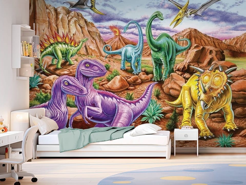 Fototapeta z dinozaurami na pustynnym tle z wulkanem i chmurami - przytulny pokój nastolatka