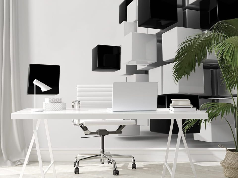 Fototapeta Czarno-białe sześciany w przestrzeni we wnętrzu biura