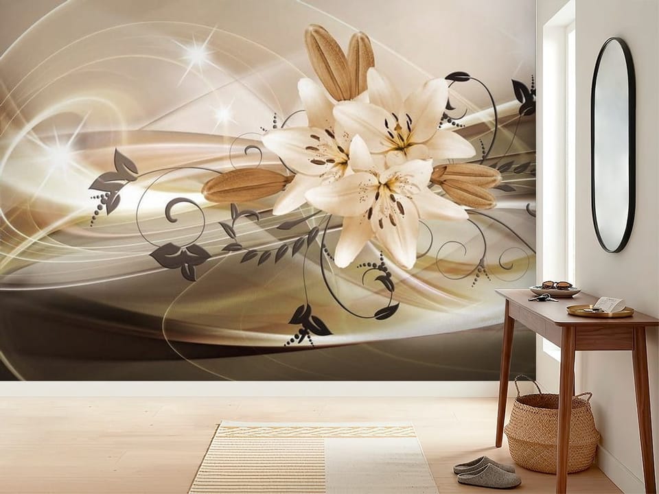 Fototapeta z kwiatami lilii otoczonymi ornamentami na jasnym tle - inspiracji do minimalistycznego przedpokoju
