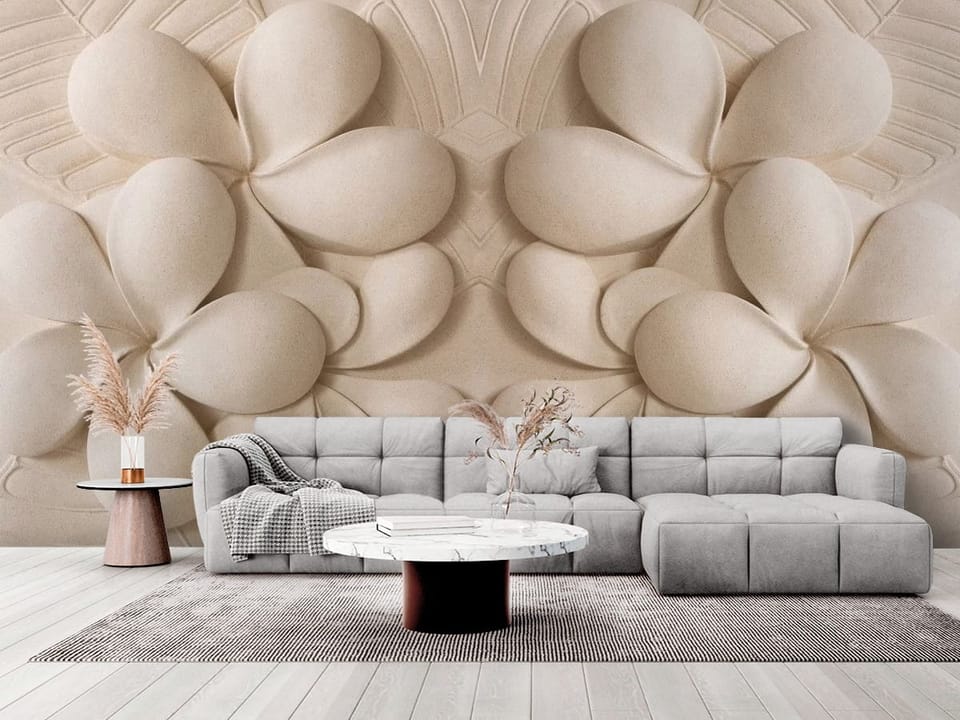 Fototapeta z abstrakcyjnymi płaskorzeźbami kwiatowymi i geometrycznym tłem - elegancki salon w stylu minimalistycznym
