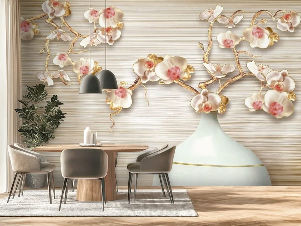 Fototapeta z orchideami o białych płatkach i różowych środkach w wazonie - ściana za stołem w nowoczesnej kuchni