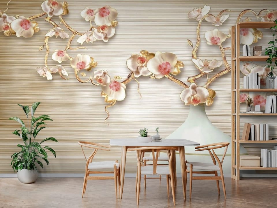 Fototapeta z orchideami o białych płatkach i różowych środkach w wazonie - widok na ścianę w strefie jadalnianej w kuchni