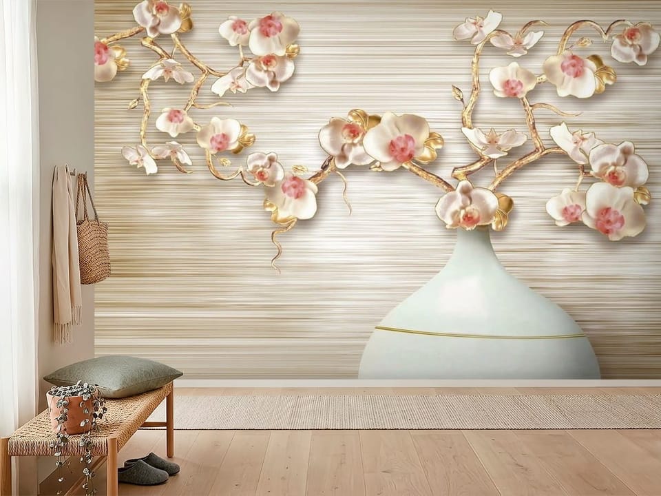 Fototapeta z orchideami o białych płatkach i różowych środkach w wazonie - widok na ścianę w przytulnym przedpokoju