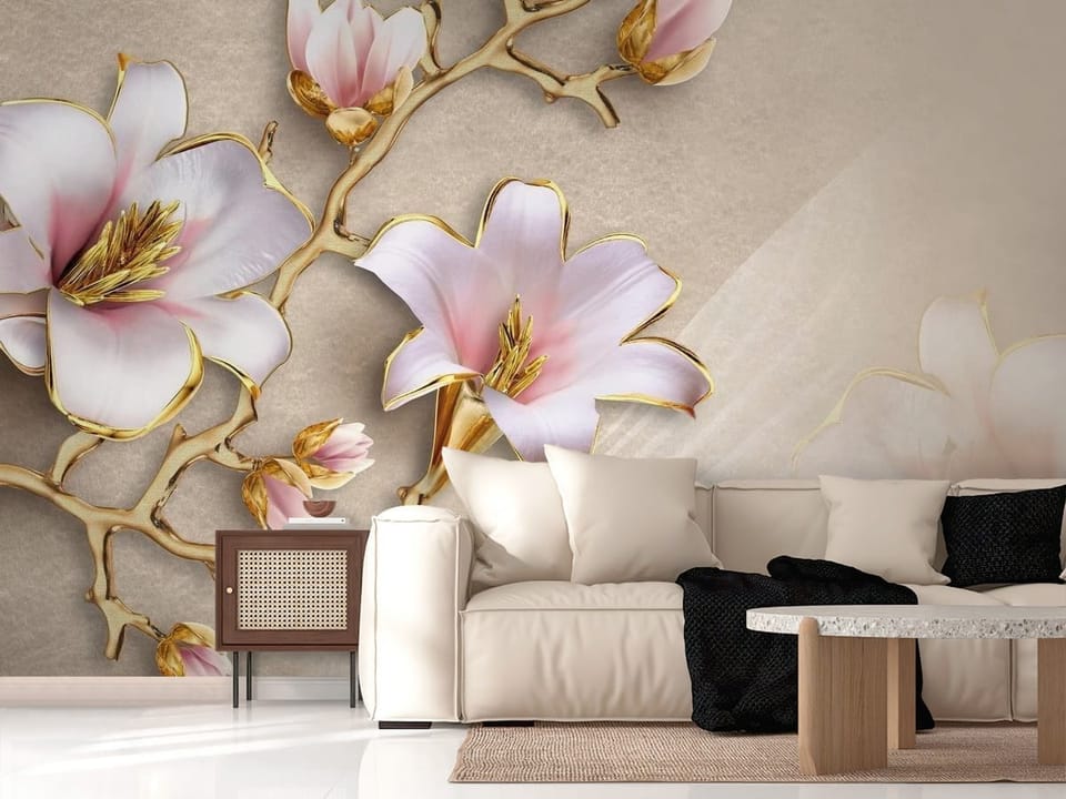 Fototapeta z dużymi kwiatami magnolii, złote akcenty na jasnym tle - salon w nowoczesnych kolorach