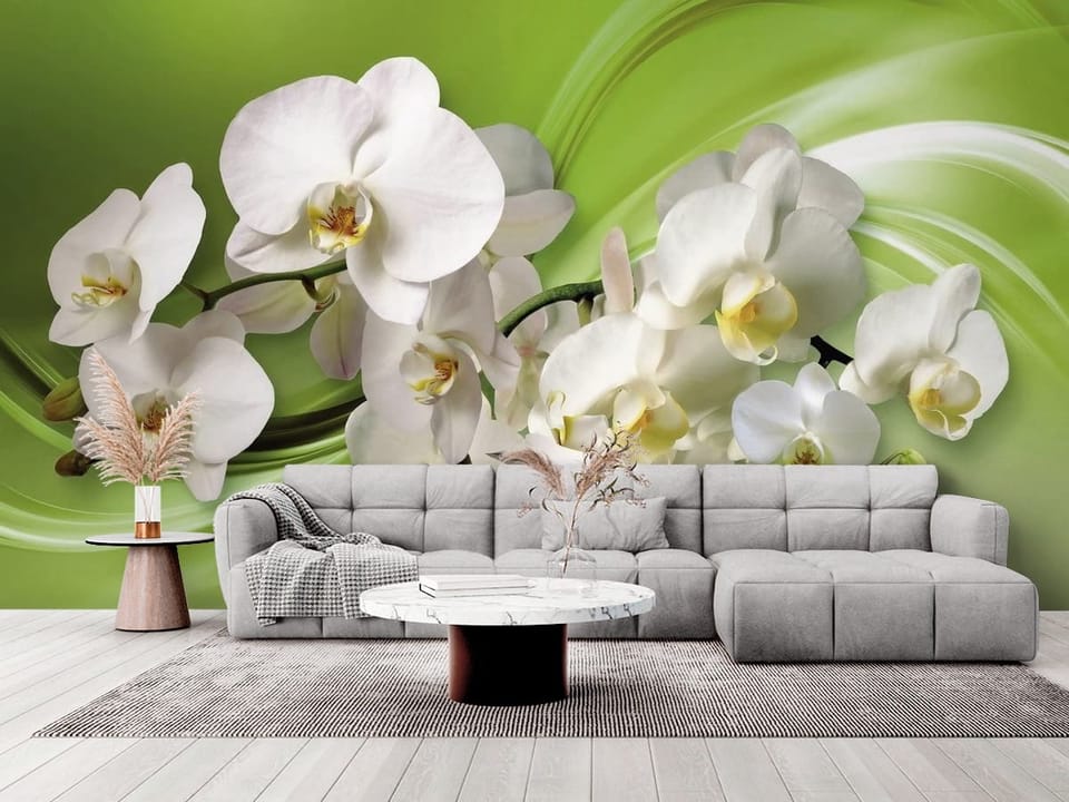 Fototapeta z białymi orchideami na zielonym tle z falistymi wzorami - elegancki salon w stylu minimalistycznym