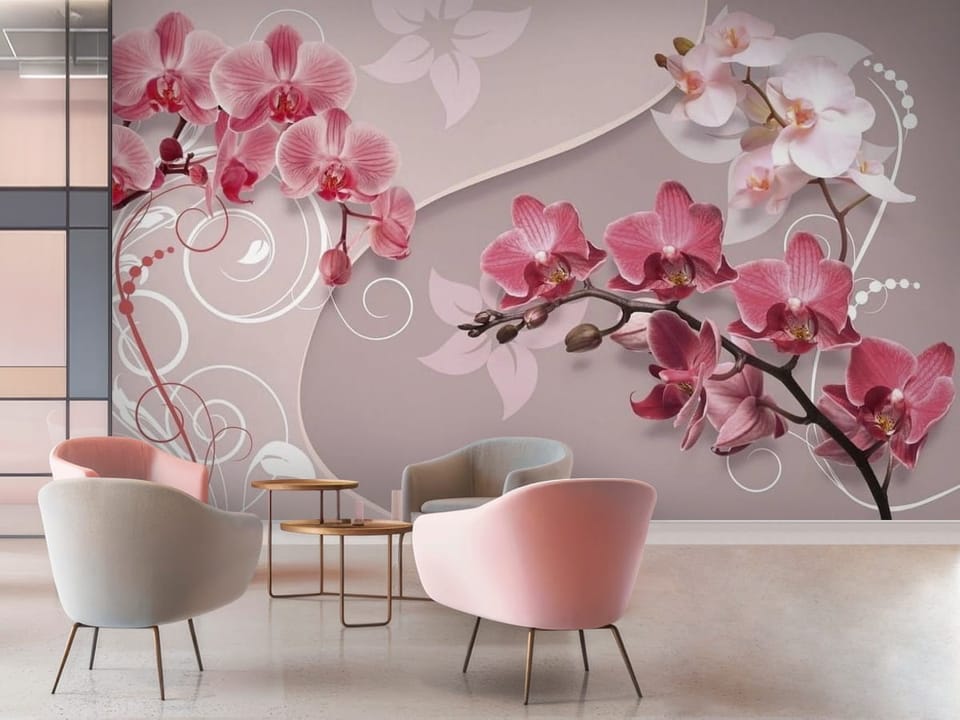 Fototapeta z różowymi orchideami na gałązkach i pastelowym tle - przytulna kawiarnia w rożowych kolorach